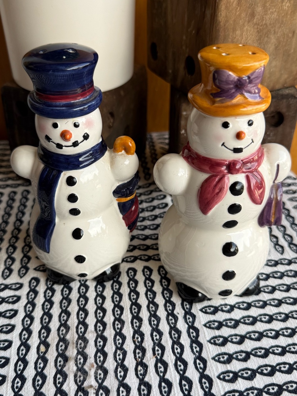 Holiday Snowman Salt and Pepper Shaker Set - White, Blue, Yellow 5” tall